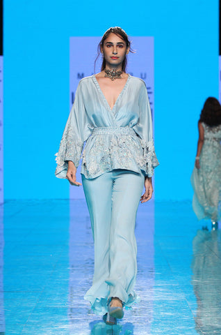 Cloudy Blue Silk Kimono With Flared Pants & Belt
