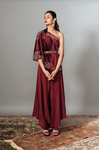 Maroon One Shoulder Cape With Belt & Inverted Dhoti Pants