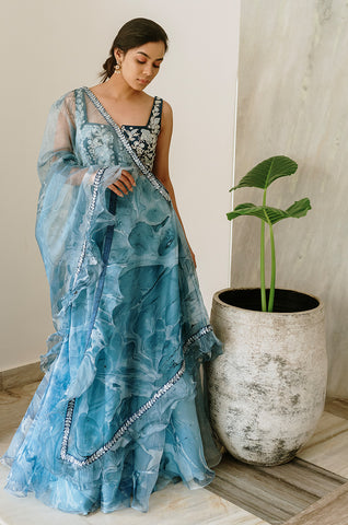 Blue Marbled Skirt With Ruffle Cape