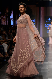 Mauve Kalamkari Blouse & Organza Skirt Paired With One-sided Ruffle Cape