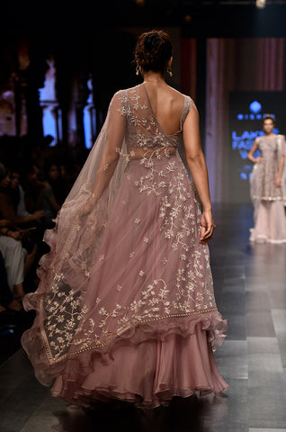 Mauve Kalamkari Blouse & Organza Skirt Paired With One-sided Ruffle Cape