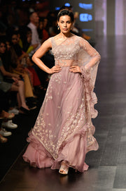 Mauve Kalamkari Blouse & Organza Skirt Paired With One-sided Ruffle Cape