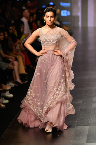Mauve Kalamkari Blouse & Organza Skirt Paired With One-sided Ruffle Cape