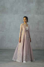 Organza Crop-top And Skirt Paired With Mauve Embroidered Jacket