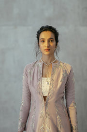 Organza Crop-top And Skirt Paired With Mauve Embroidered Jacket