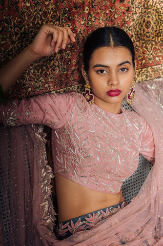 Grey & Muted Pink Applique Work Lehenga