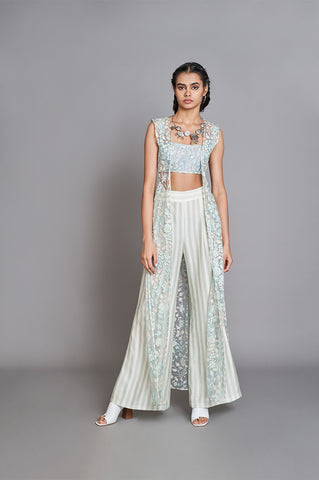 Mughal Ari Embroidered Jacket With Crop-top And Striped Pants
