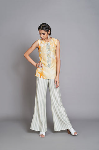 Yellow Marbled Kurta With Striped Pants