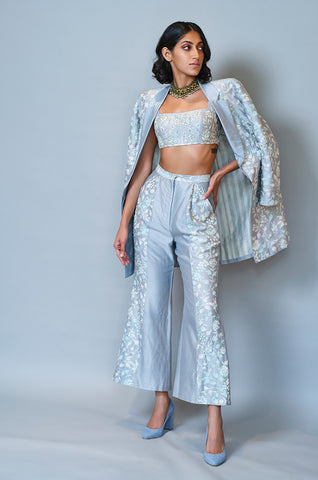 Cloud Blue Mughal Jaal Crop-top With Blazer & Cullottes