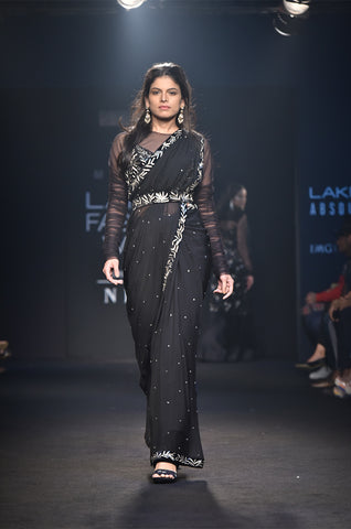 Black Chiffon Saree With Belt And Ruched Top