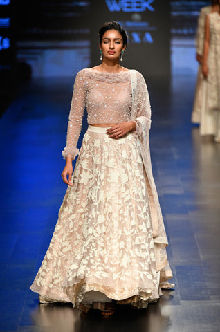 Warm Grey Pearl Dust  Crop-top With Lehenga And Duppata