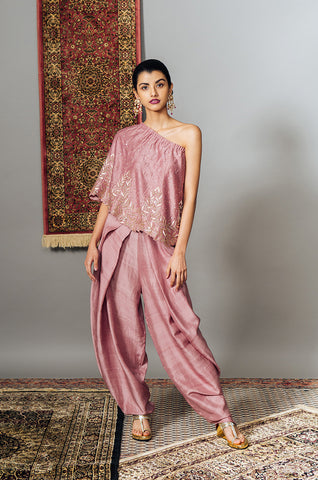 Pink One-sided Cape With Pleated Dhoti Pants