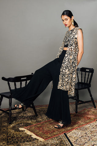 Black Thread Work Jacket With Bustier And Palazzo Pants