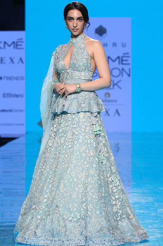 Cloudy Blue Keyhole 3d Peplum & Mughal Jaal Lehenga