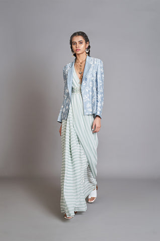 Mint Green Pre-draped Striped Saree Set With Chintz Blazer