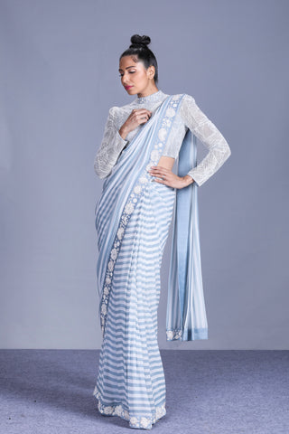Cloudy Blue Striped Saree With Blouse