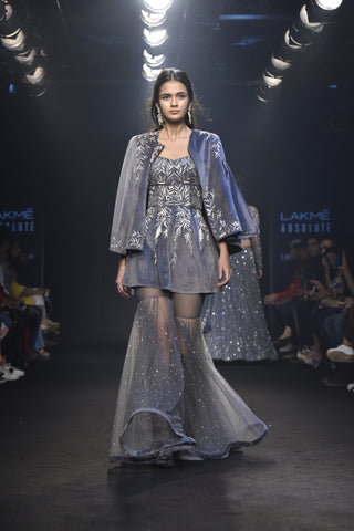 Grey Velvet Cape Paired With Peplum & Sheer Sharara Pants