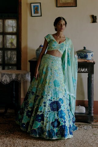 Mint precious flowers lehenga with V cut blouse and bunches dupatta with mirror blouse borders