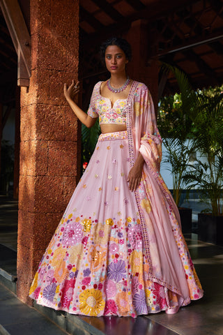 Precious flowers half embroidered lehenga with off-shoulder blouse and bunches dupatta with mirror borders finishing