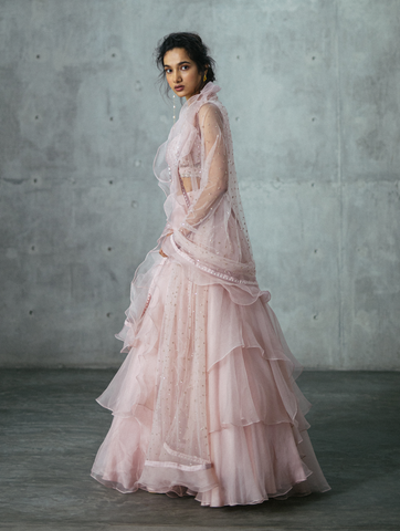 Blush Pink Wrap Crop-top, Asymmetrical Organza Skirt & Ruffle Dupatta