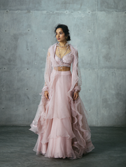 Blush Pink Wrap Crop-top, Asymmetrical Organza Skirt & Ruffle Dupatta