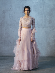 Blush Pink Crop-top Paired With 3-layer Organza Skirt & Ruffle Duppata
