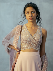 Mauve Velvet Wrap-around Blouse With Blush Pink Skirt And Jaal Duppata.