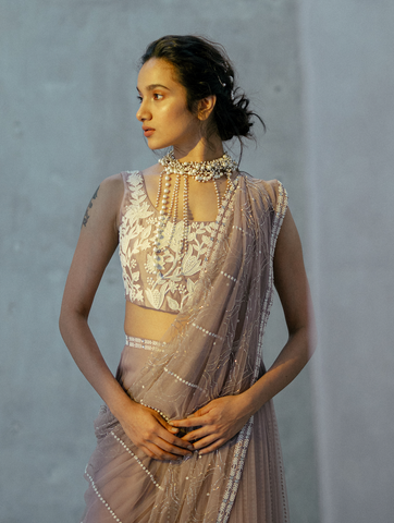 Mauve Pearl Embroidered Pre-draped Pant Saree