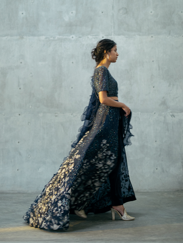 Midnight Blue Over-lay Skirt, Velvet Pants & Checks Crop-top Paired With Ruffle Duppata