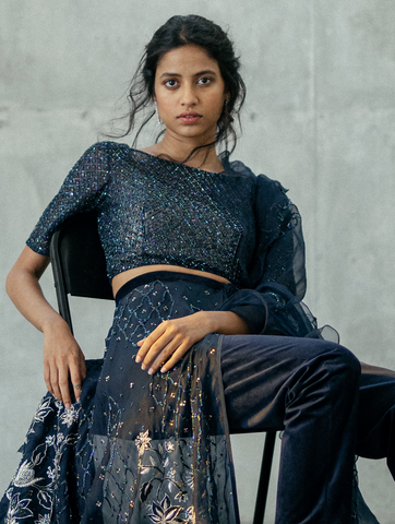 Midnight Blue Over-lay Skirt, Velvet Pants & Checks Crop-top Paired With Ruffle Duppata