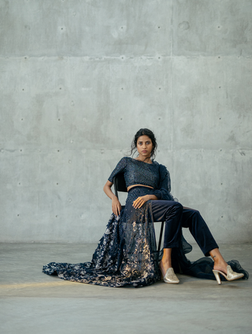 Midnight Blue Over-lay Skirt, Velvet Pants & Checks Crop-top Paired With Ruffle Duppata