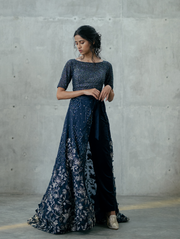 Midnight Blue Over-lay Skirt, Velvet Pants & Checks Crop-top Paired With Ruffle Duppata