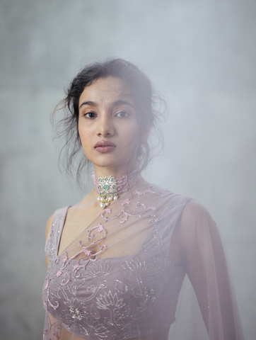 Mauve Kalamkari Velvet Blouse & Organza Skirt With Roccoco One-shoulder Cape